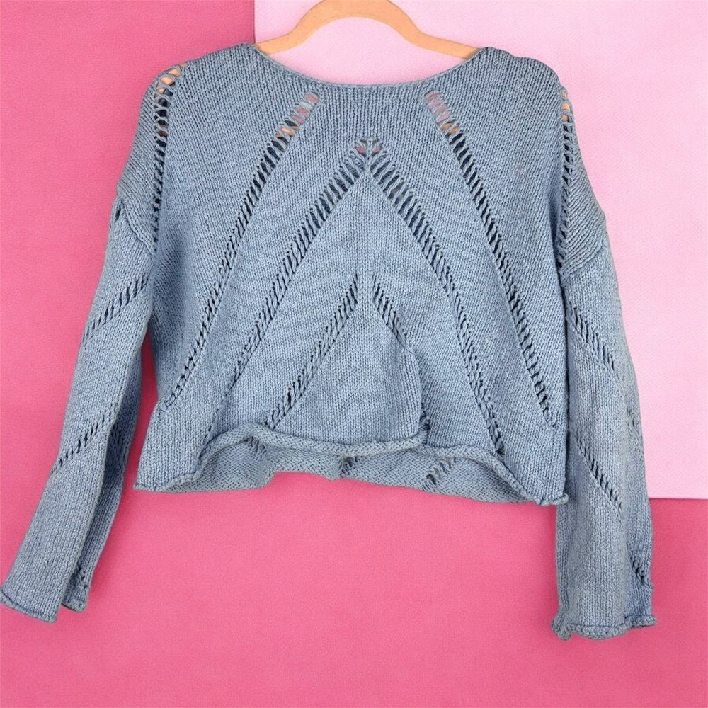 Bobbles & Lace Crocheted Baby Blue Cropped Chunky Sweater Bell Sleeves - Picture 3 of 8